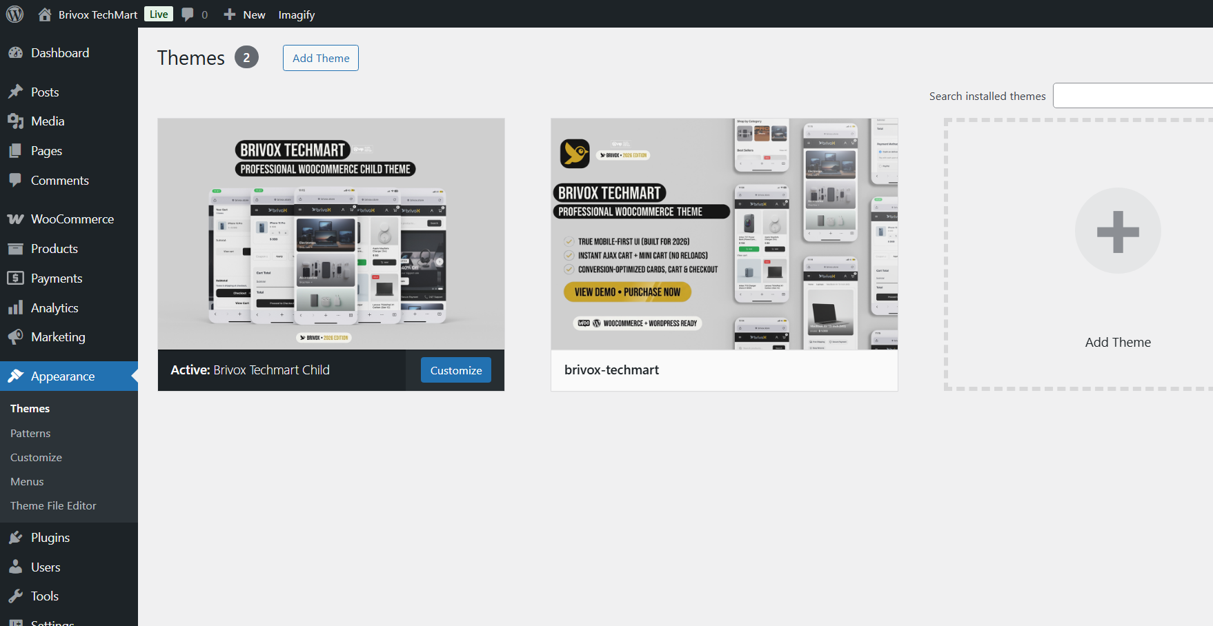 WordPress Themes screen showing TechMart Parent + Brivox Child