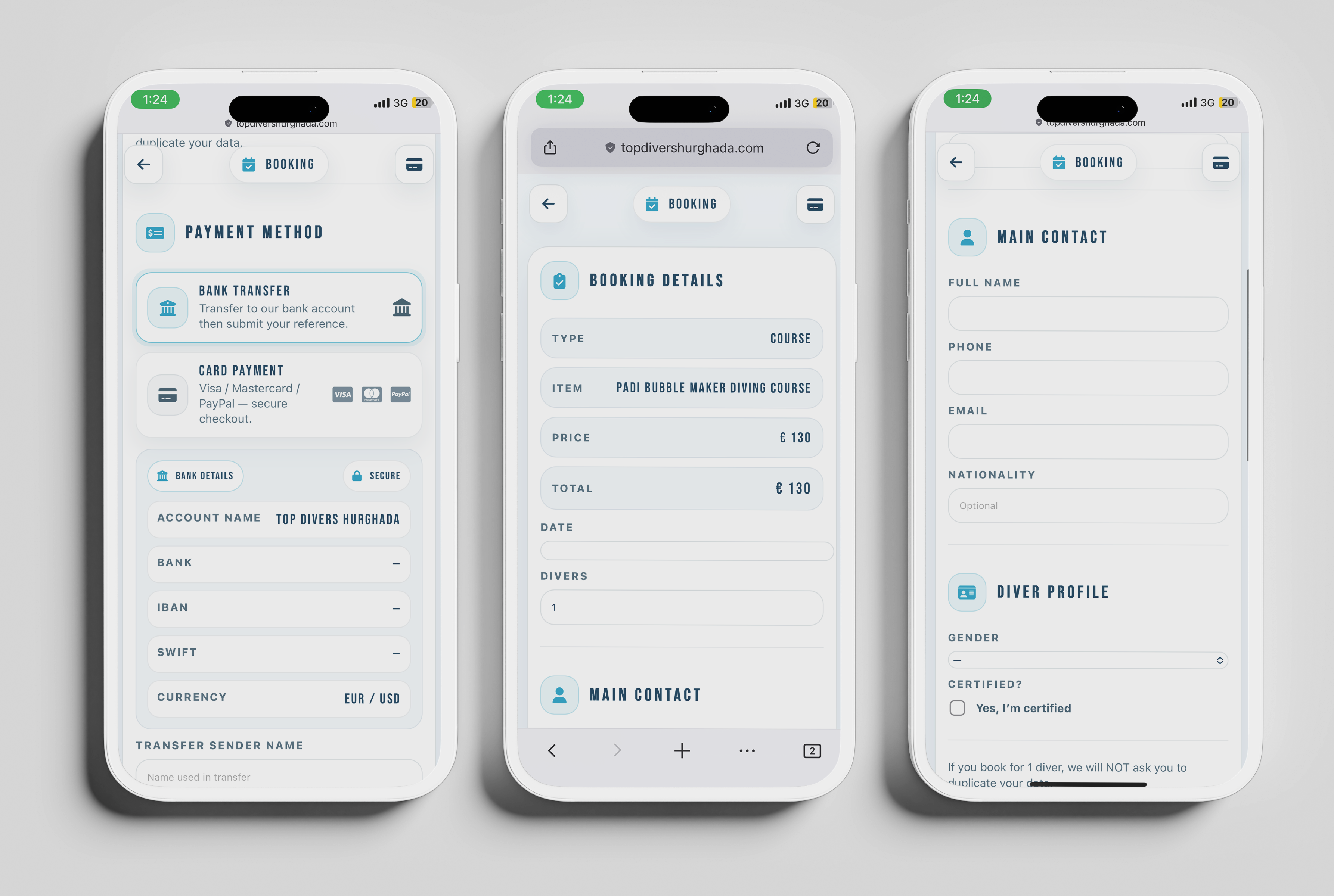 Booking Form — Composite (3 screens in one image)