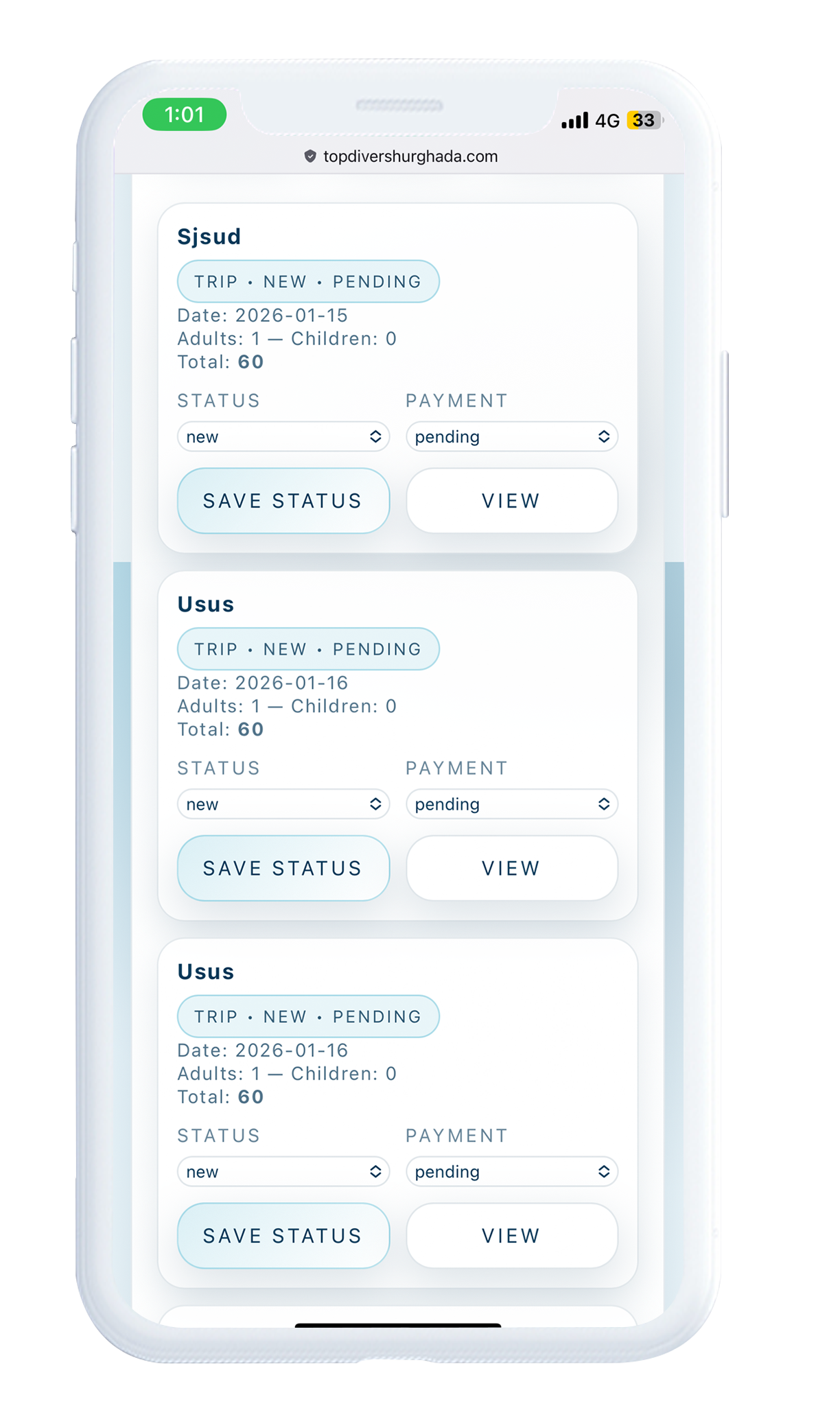 Bookings — Status Update Screen (single image)