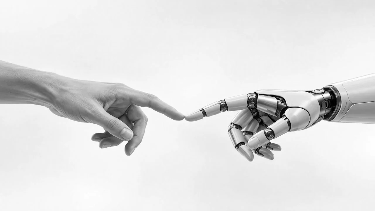 A human hand reaching toward a robotic hand