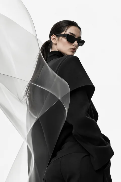 A woman dressed in black, partly concealed behind translucent glass on a light background