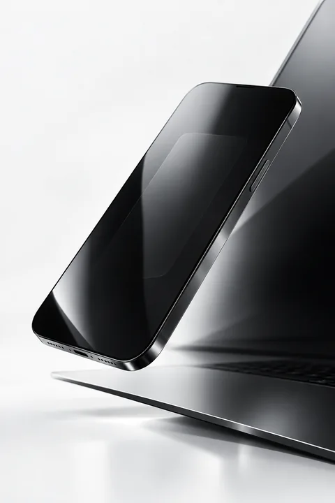 A black phone floating above a dark laptop in a pale glass composition