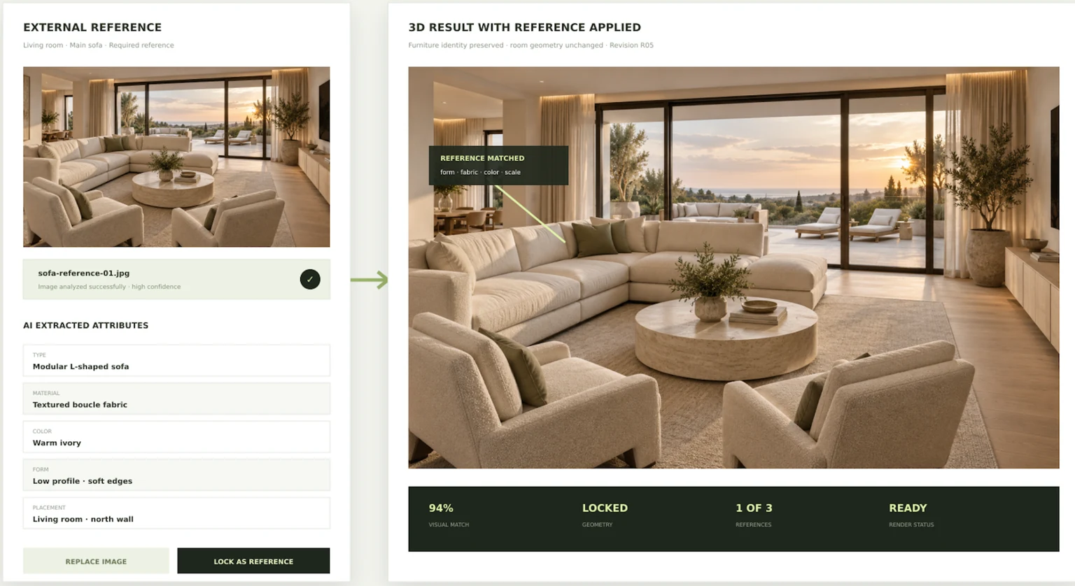 Interior design composition showing a room and its visual details