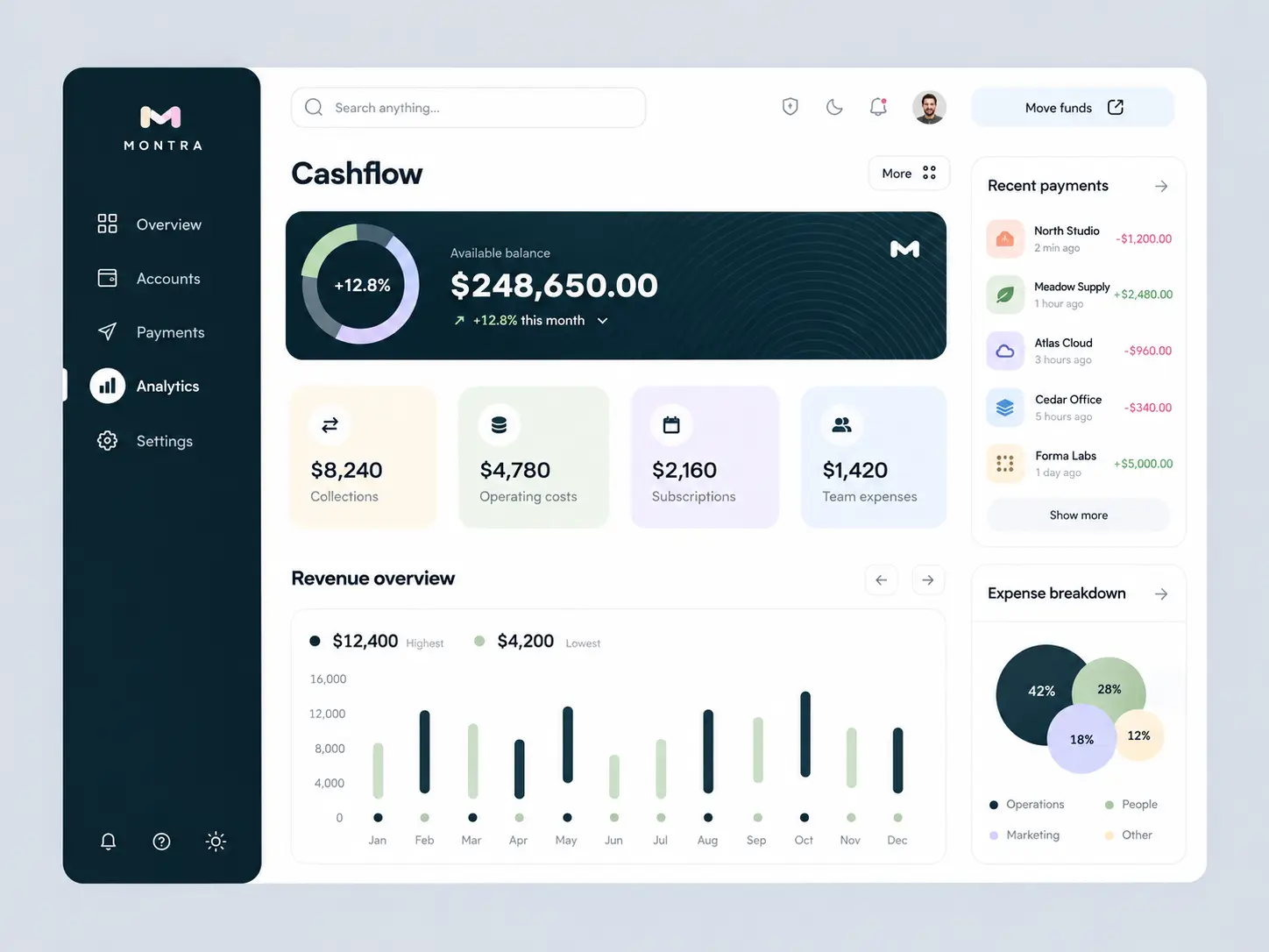 MONTRA cashflow dashboard with available balance, revenue overview chart, recent payments and expense breakdown