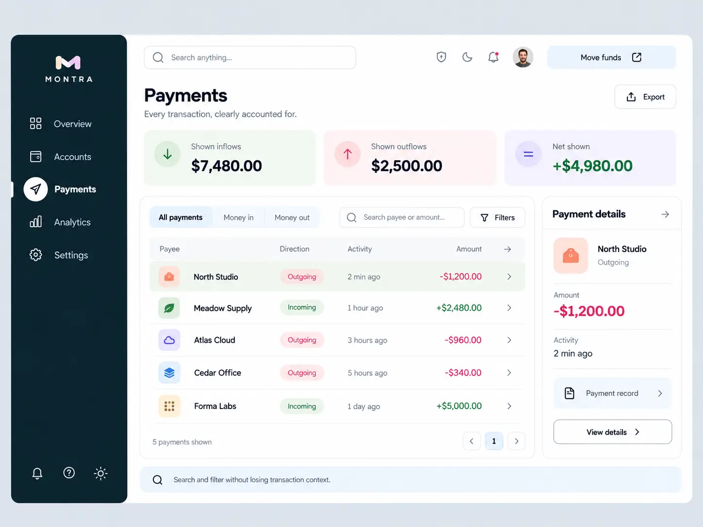 MONTRA Payments workspace with incoming and outgoing totals, search, payment list and selected payment details