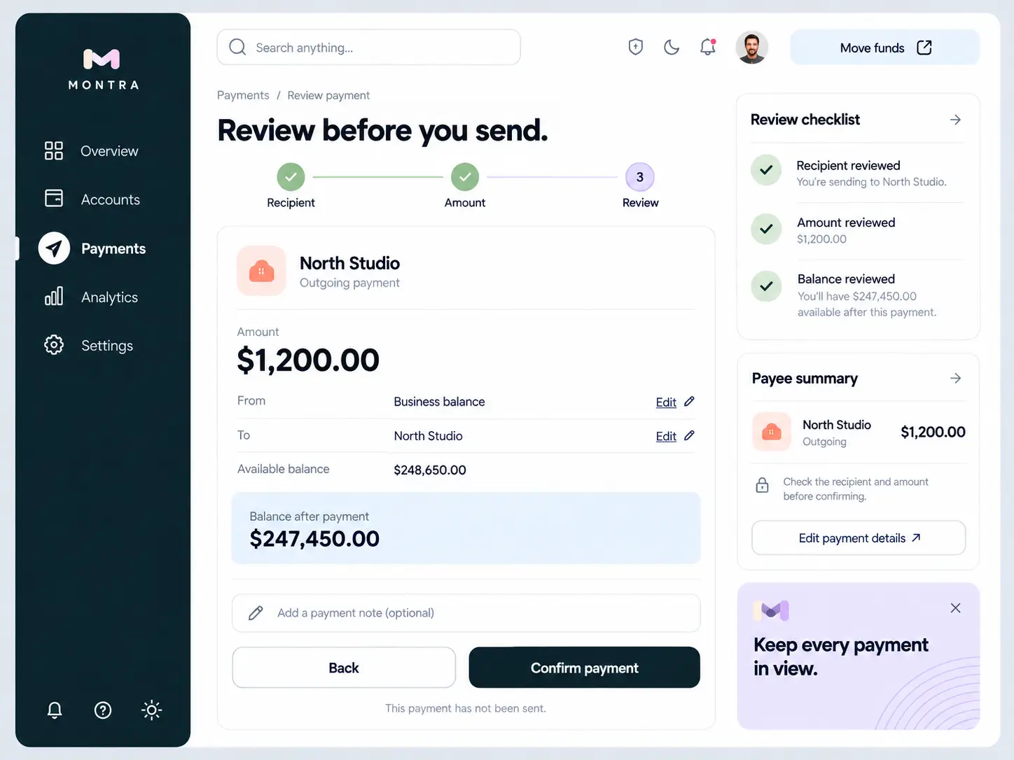 MONTRA payment review with recipient, amount, available balance, balance after payment and review checklist