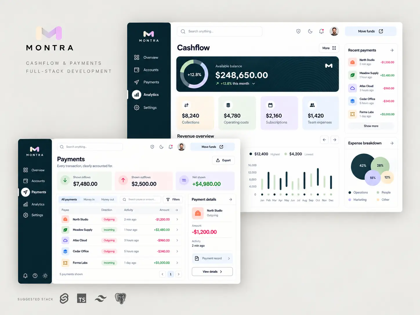 MONTRA business cashflow and payments platform — cashflow dashboard and searchable payment records showcase