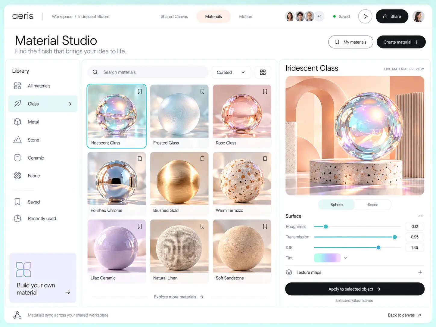 AERIS Material Studio with glass, metal and ceramic material library and Iridescent Glass surface controls