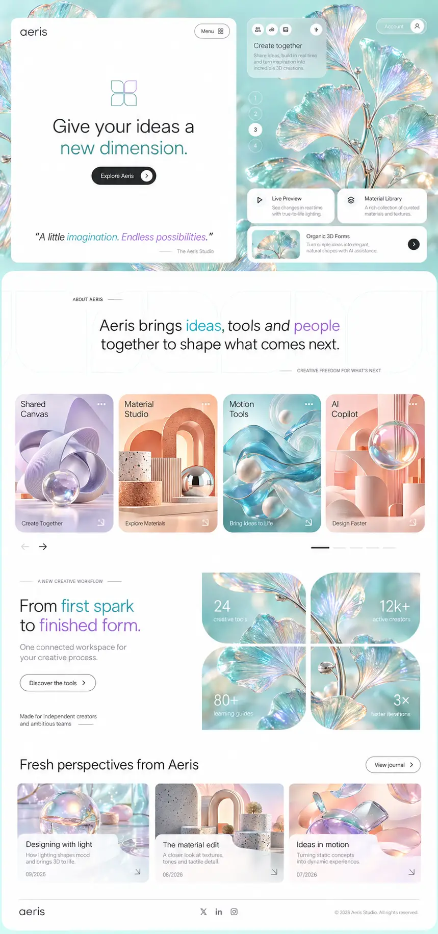 AERIS product homepage with Give Your Ideas a New Dimension hero, creative tools and featured work