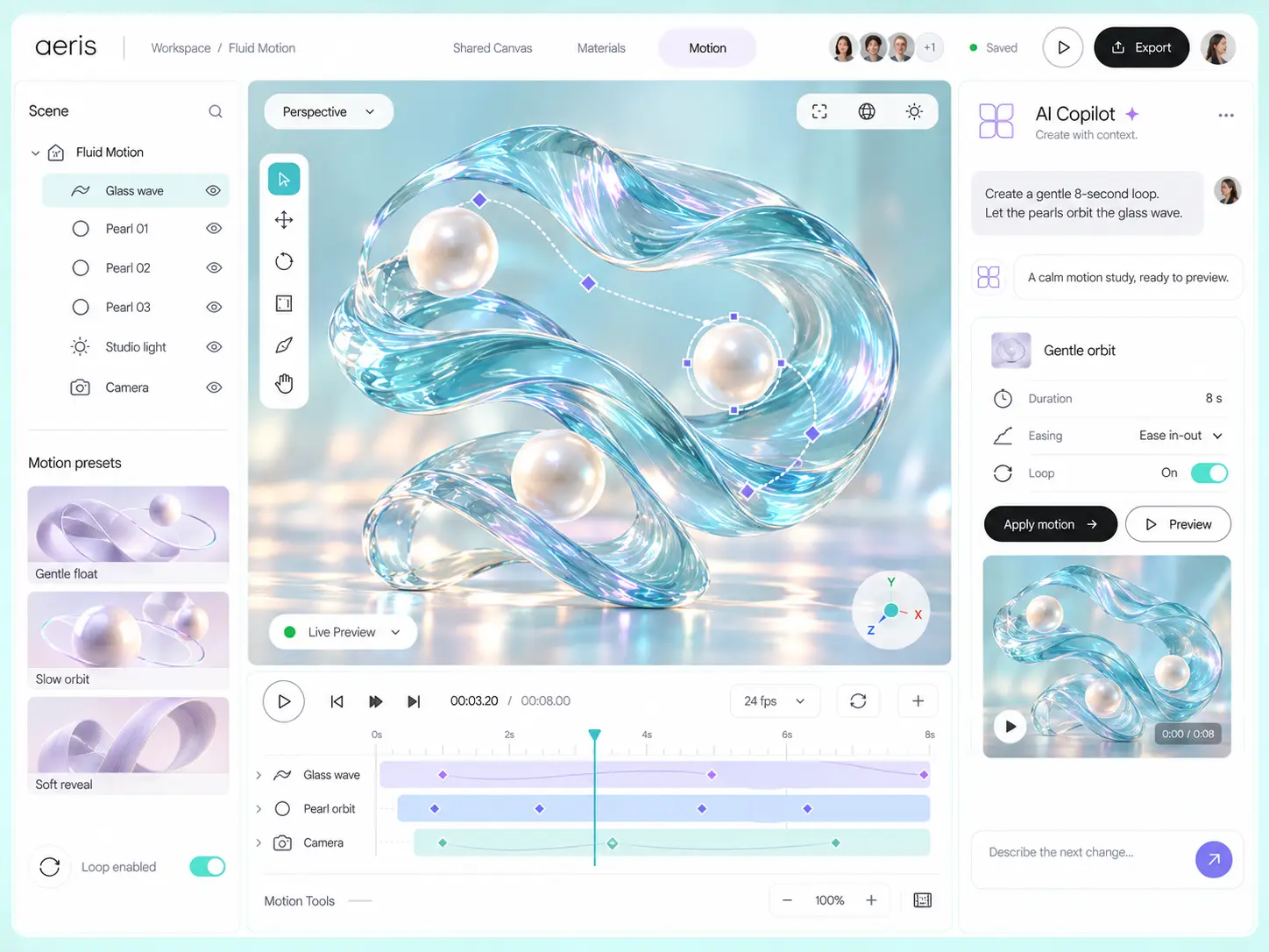 AERIS motion workspace with glass scene, animation timeline, motion presets and AI Copilot panel