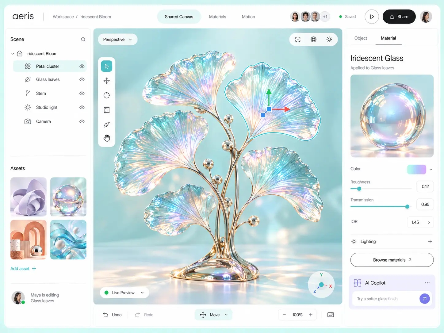 AERIS shared canvas with iridescent glass flower, scene objects, asset library and material controls