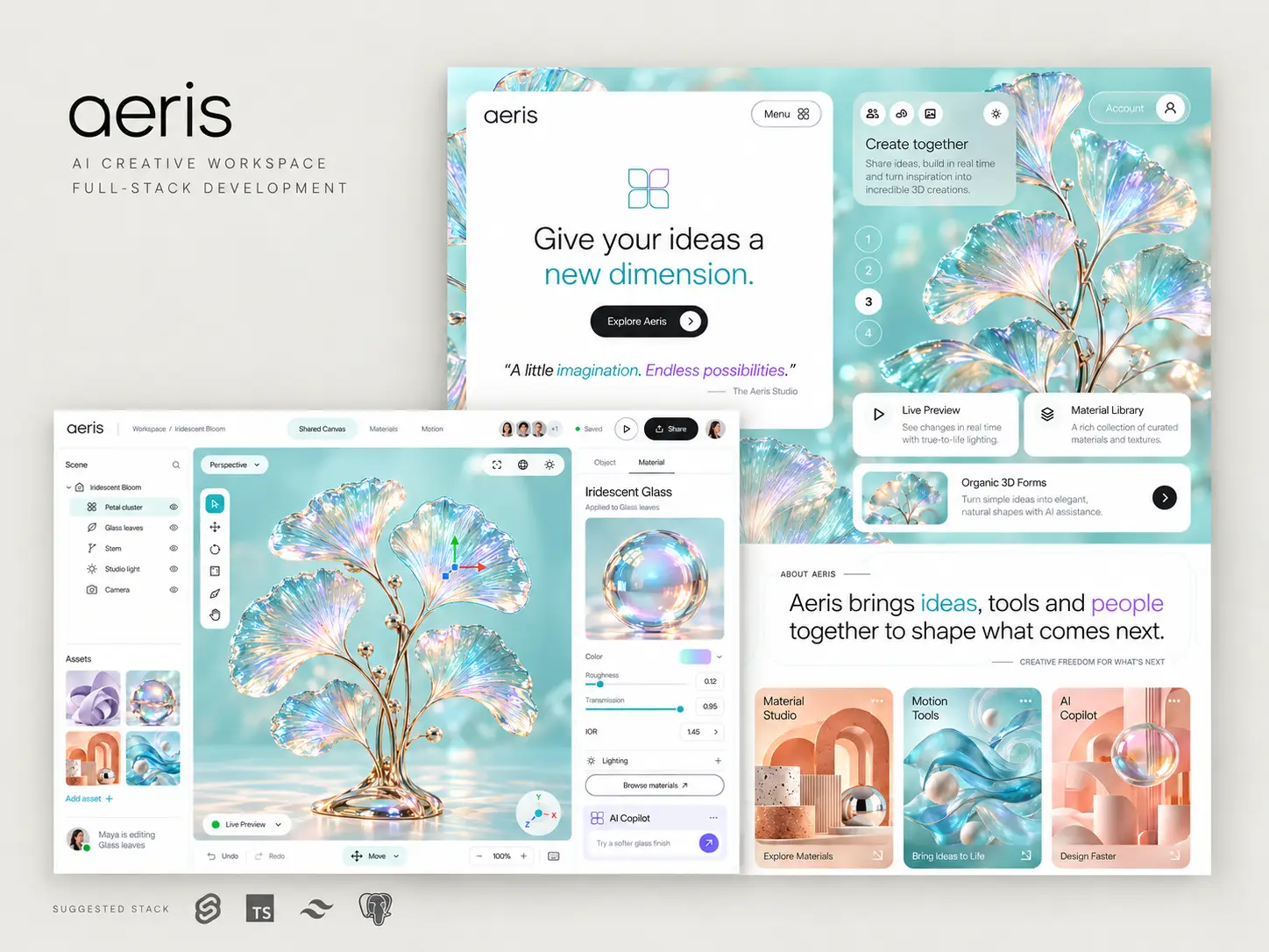 AERIS AI creative workspace — product homepage and shared canvas with material editing controls