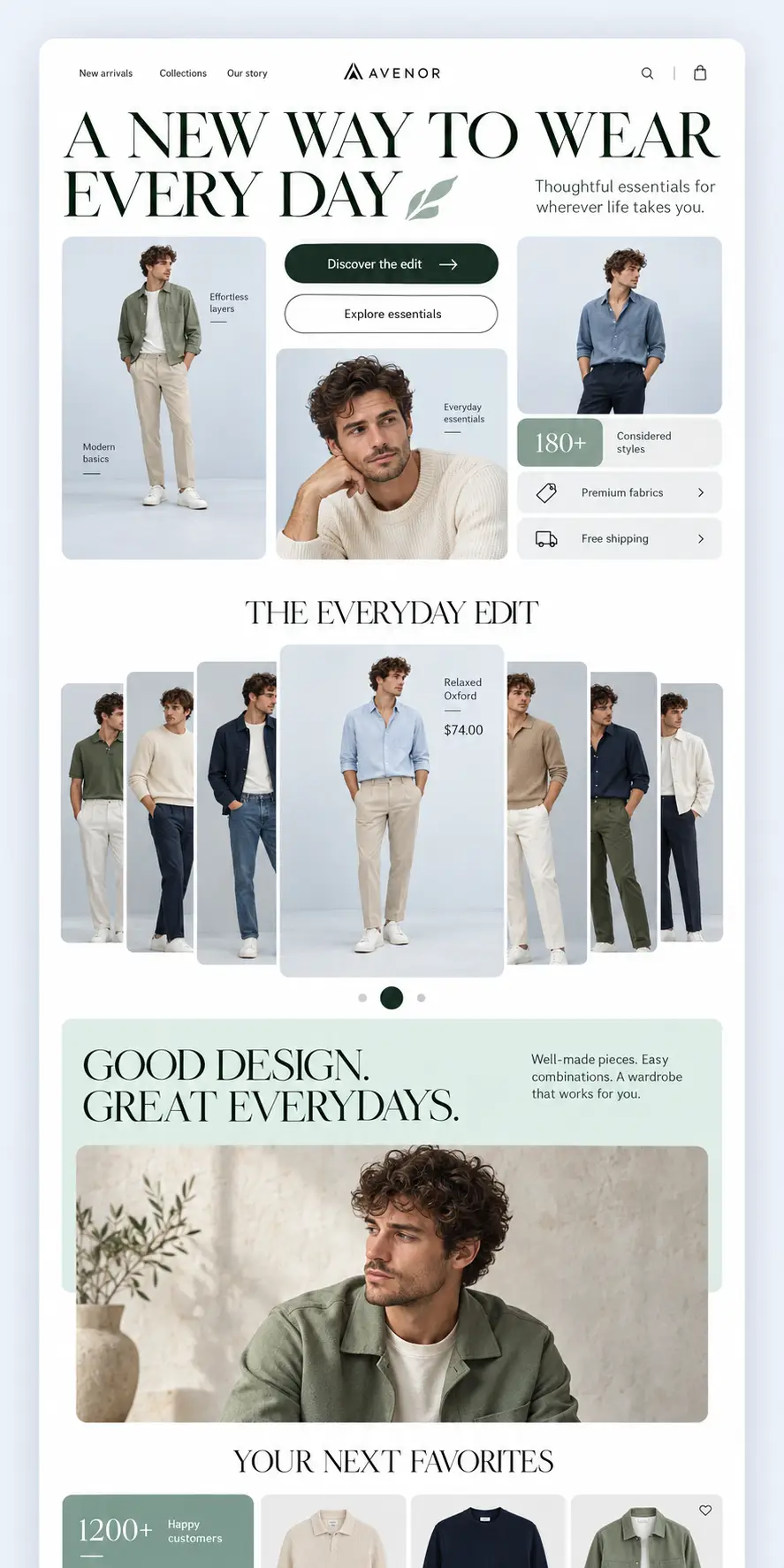 AVENOR menswear homepage with A New Way to Wear Every Day hero, The Everyday Edit and featured clothing