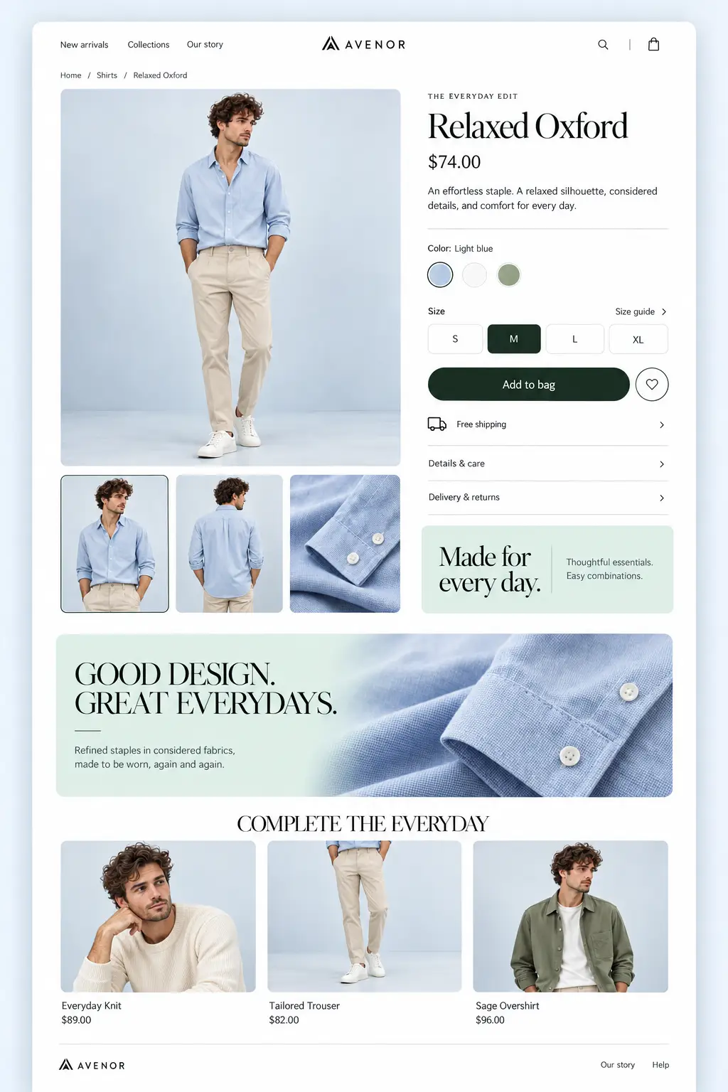 AVENOR Relaxed Oxford product page with image gallery, colour and size variants and related menswear