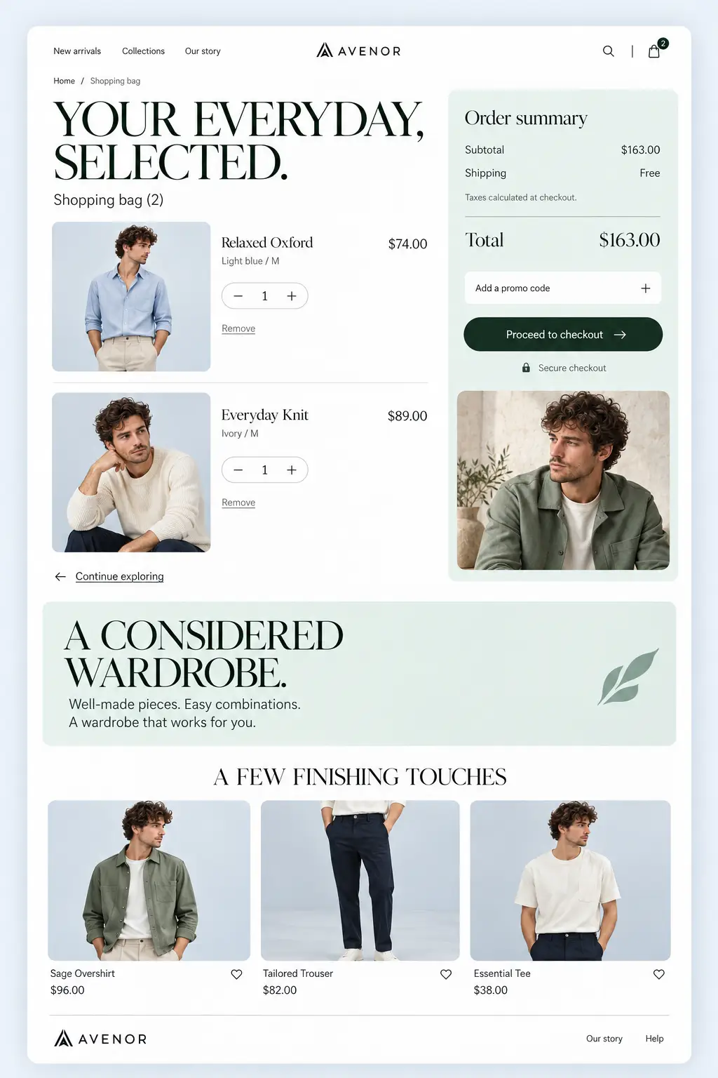 AVENOR shopping bag with Relaxed Oxford and Everyday Knit selections, order summary and related essentials