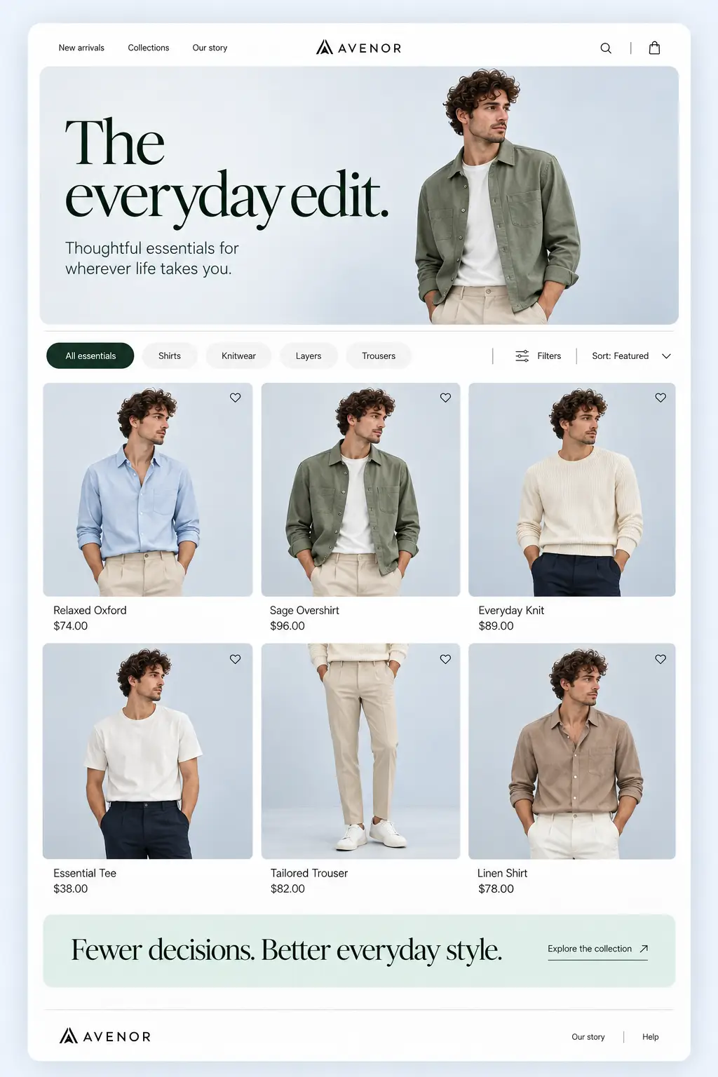 AVENOR The Everyday Edit collection page with menswear category filters and clothing product grid