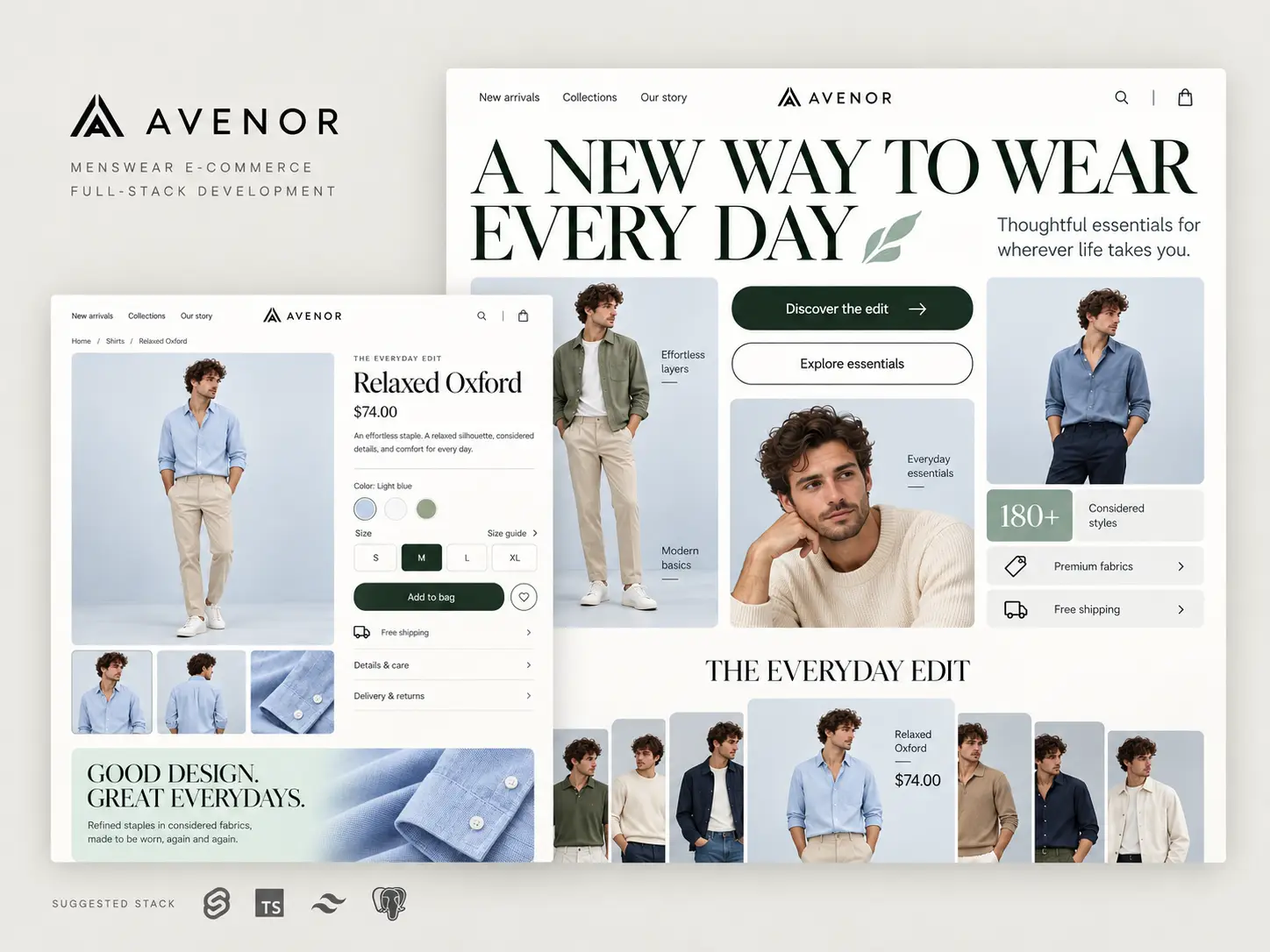 AVENOR premium menswear e-commerce — editorial homepage and Relaxed Oxford product page showcase