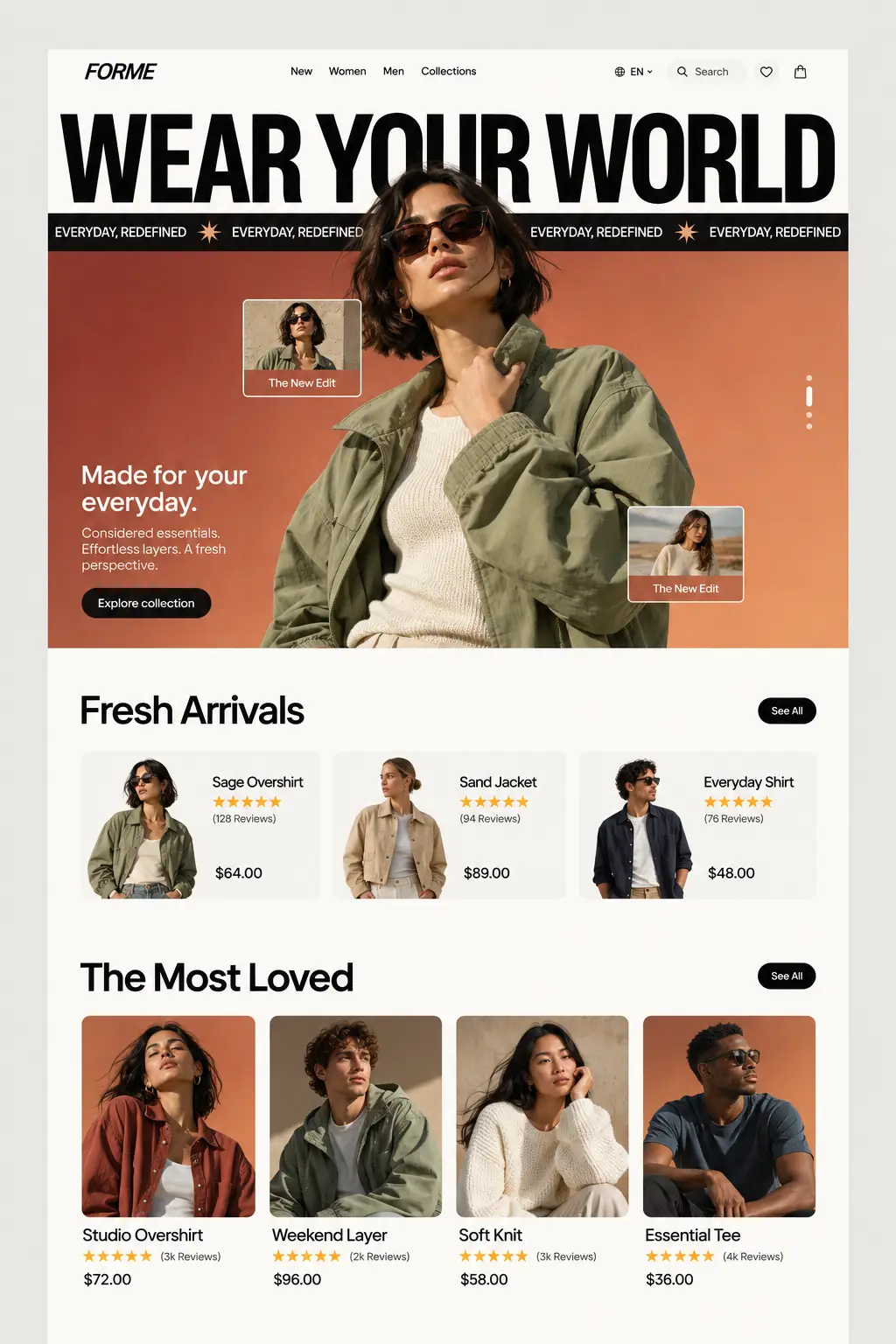 FORME fashion e-commerce homepage with editorial hero, Fresh Arrivals and The Most Loved product sections