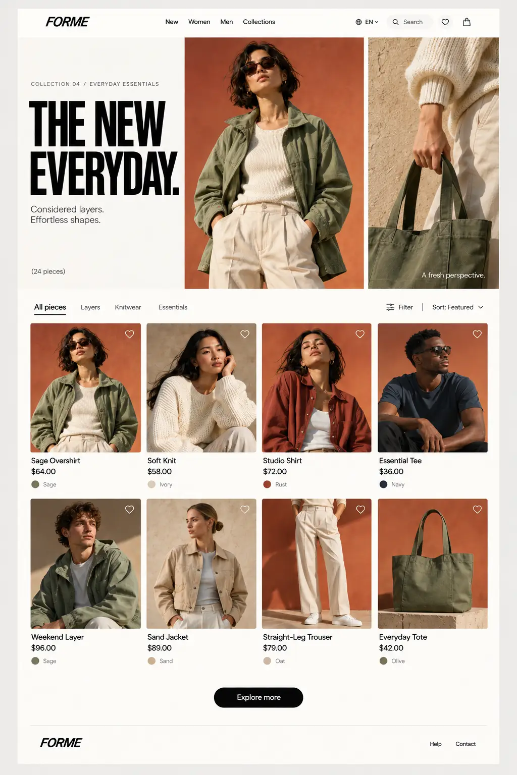 FORME collection page with The New Everyday editorial header and fashion product grid