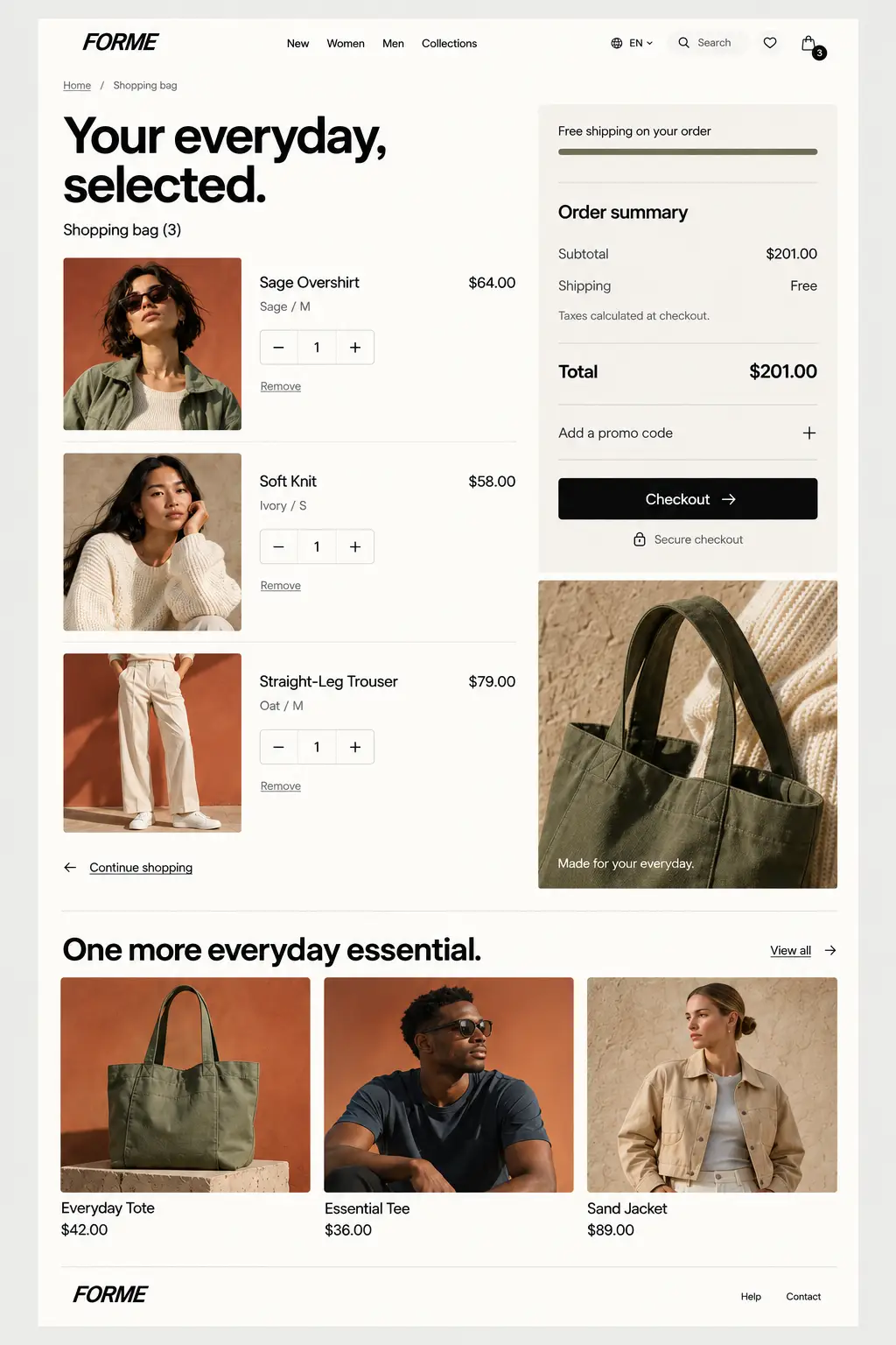 FORME shopping bag page showing selected clothing, quantities and order summary