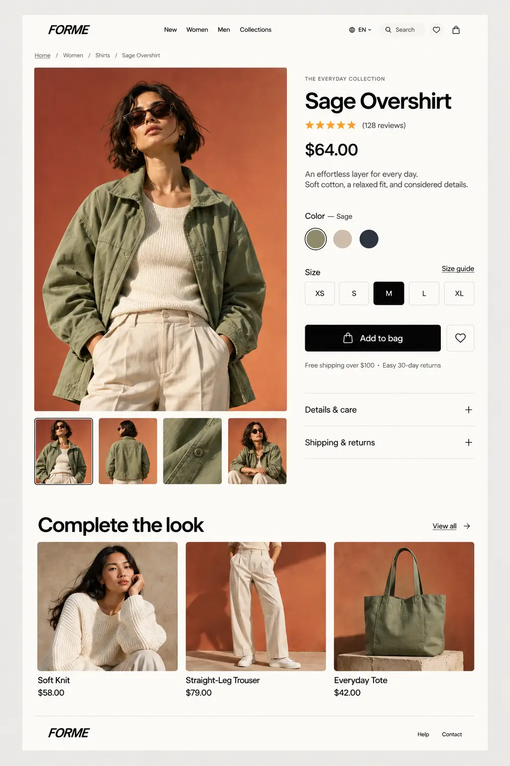 FORME Sage Overshirt product page with image gallery, colour and size options and related products