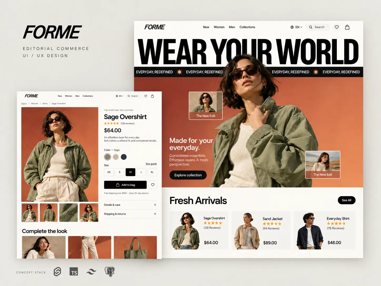 FORME custom fashion e-commerce website — editorial storefront and product page showcase