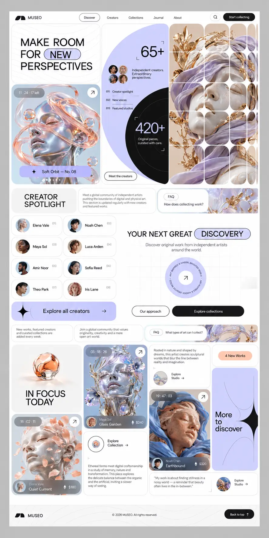MUSEO homepage with Make Room for New Perspectives artwork hero, creator spotlight and featured art