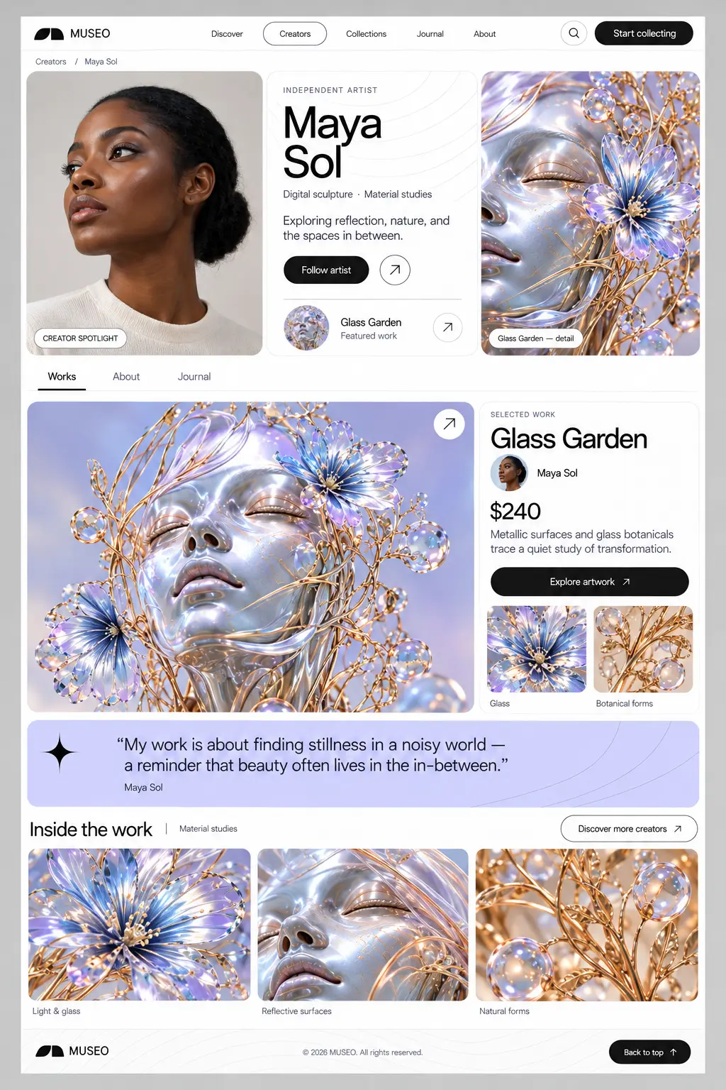 MUSEO Maya Sol creator profile with artist portrait, featured Glass Garden artwork and image gallery