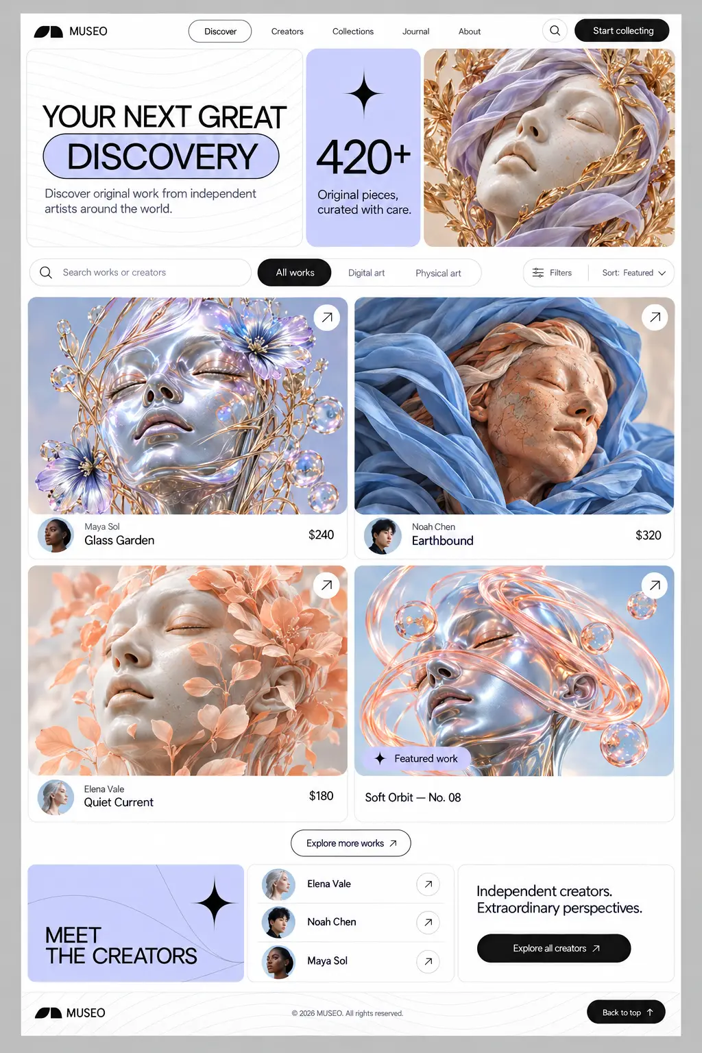 MUSEO Discover page with artwork search, category filters, artwork cards and creator links