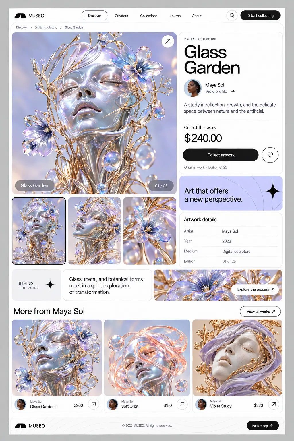 MUSEO Glass Garden artwork detail page with image gallery, Maya Sol creator information, price and related works