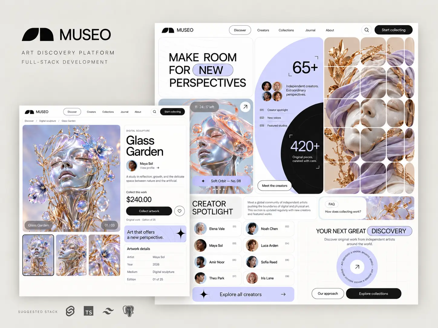 MUSEO art marketplace — artwork discovery homepage and Glass Garden artwork detail showcase