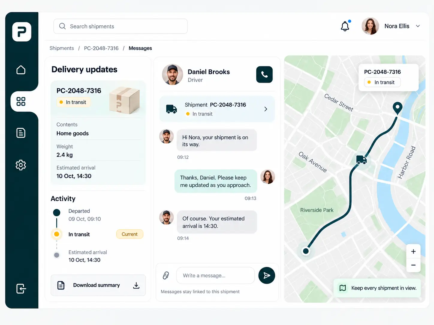 PARCELA delivery updates workspace with shipment activity timeline, driver conversation and route map