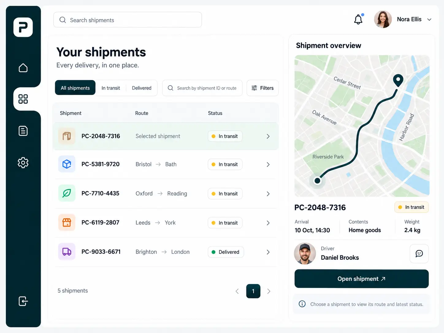 PARCELA Your shipments workspace with shipment search, status filters, delivery list and selected shipment route map