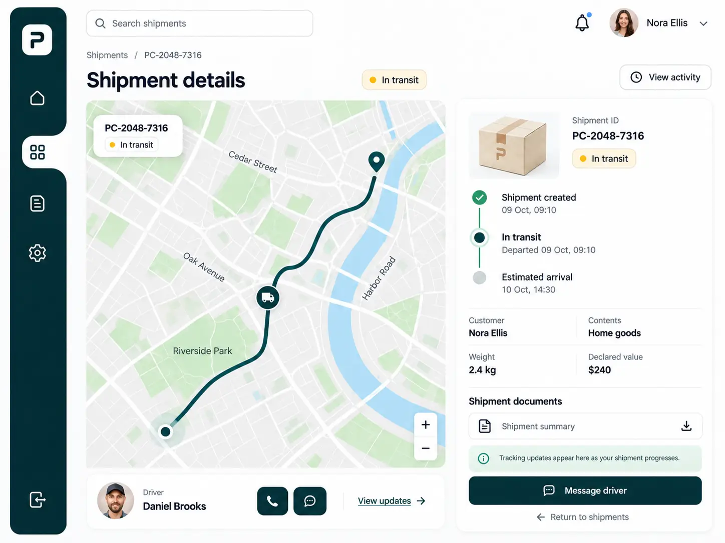 PARCELA shipment details with route map, shipment status timeline, customer details, documents and driver contact options
