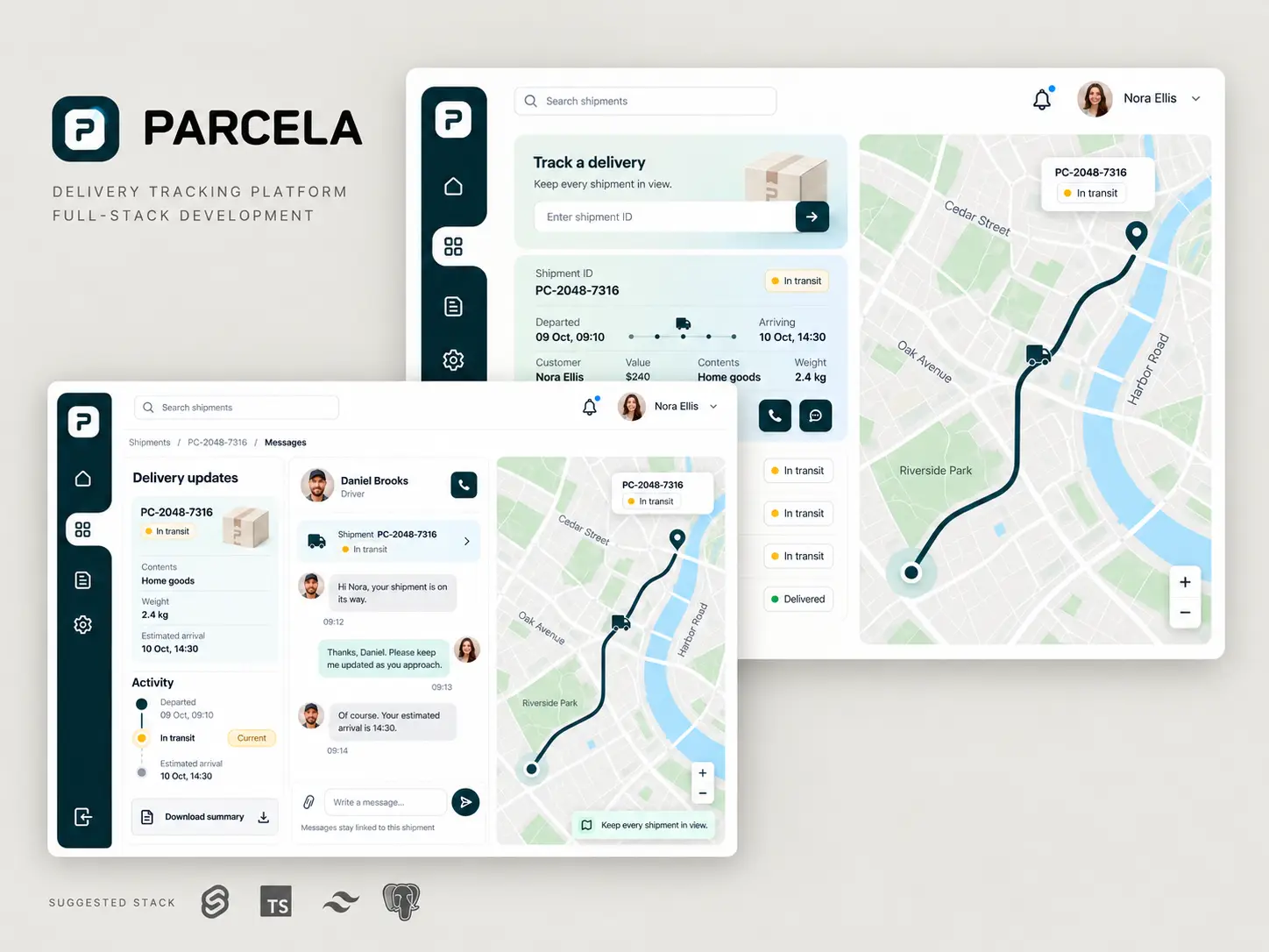 PARCELA delivery tracking platform — shipment tracking map and driver communication workspace showcase