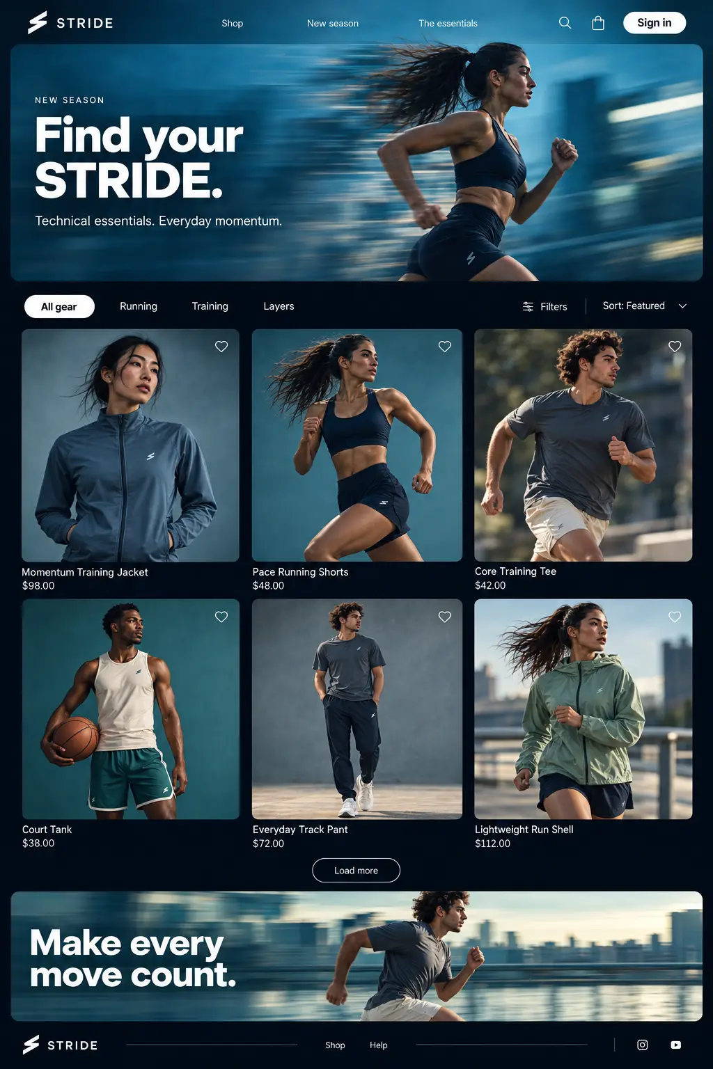 STRIDE Find Your Stride collection page with All Gear, Running and Training categories, filtering and activewear product grid