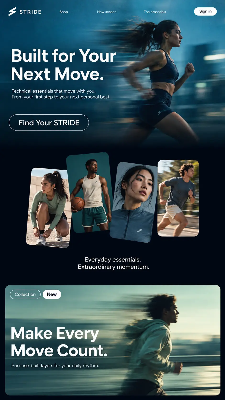 STRIDE dark activewear homepage with Built for Your Next Move running hero, athlete imagery and featured collection