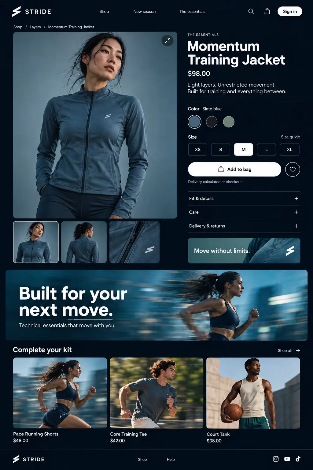 STRIDE Momentum Training Jacket product page with image gallery, colour and size selection and related training apparel