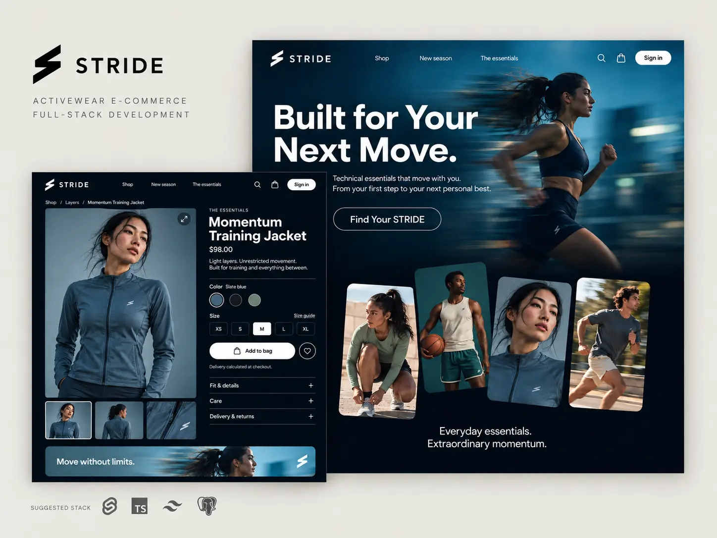 STRIDE activewear e-commerce — dark editorial homepage and Momentum Training Jacket product page showcase