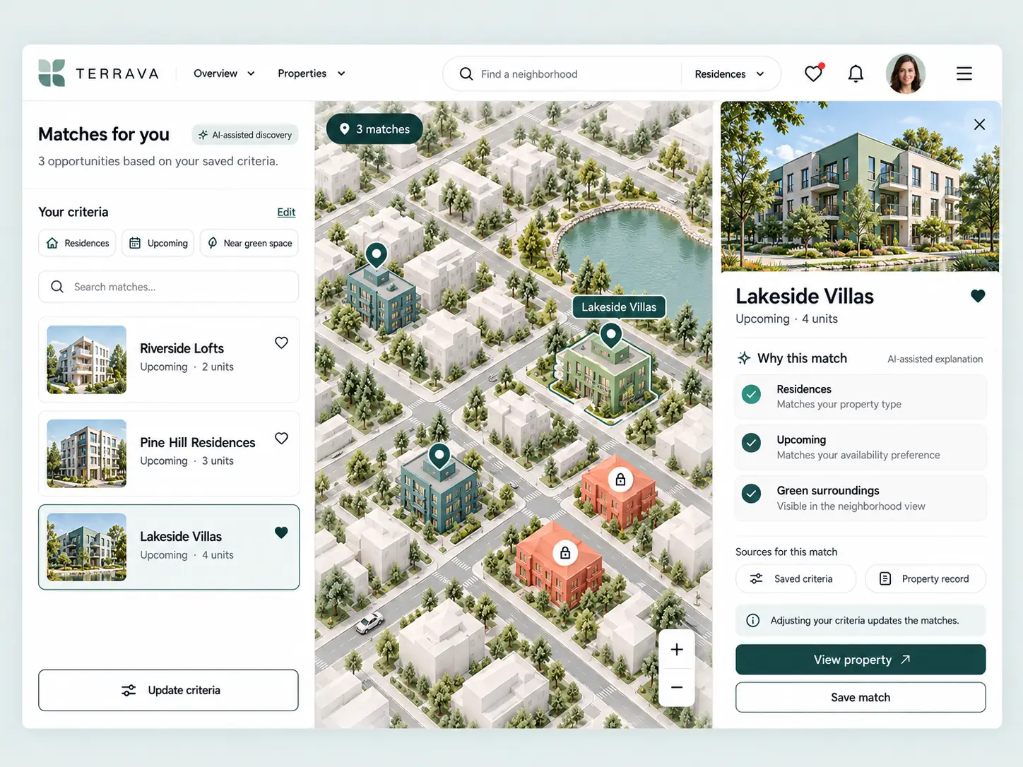 TERRAVA property matching map with saved criteria, Lakeside Villas recommendation, match reasons and links to property records