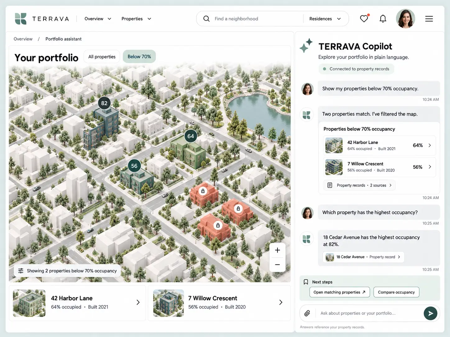 TERRAVA Copilot exploring portfolio occupancy in natural language with mapped results and linked property records