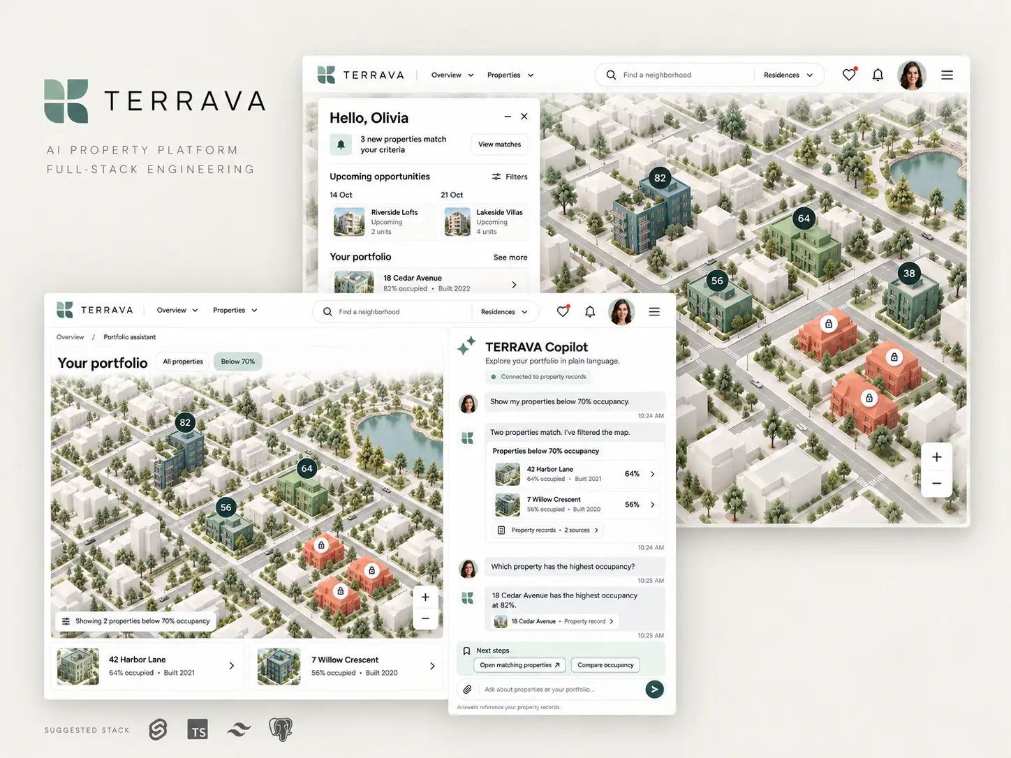TERRAVA AI property platform — map-based portfolio overview and property-record-connected Copilot showcase