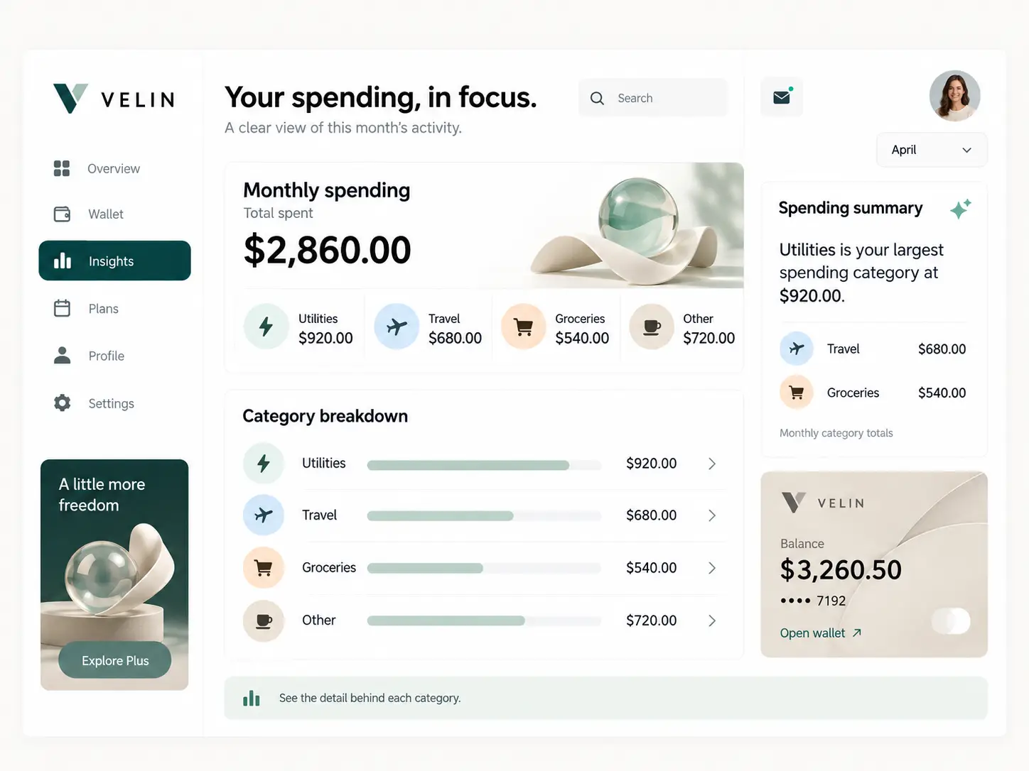VELIN spending insights with monthly total, utilities, travel and grocery breakdowns and spending summary