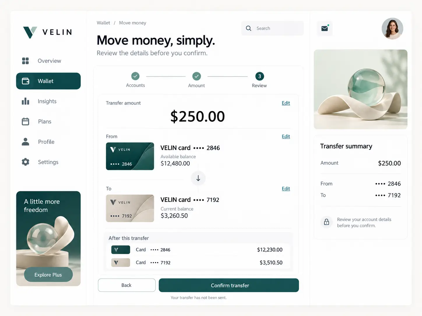 VELIN transfer review showing amount, source and destination cards, balances after transfer and confirmation action