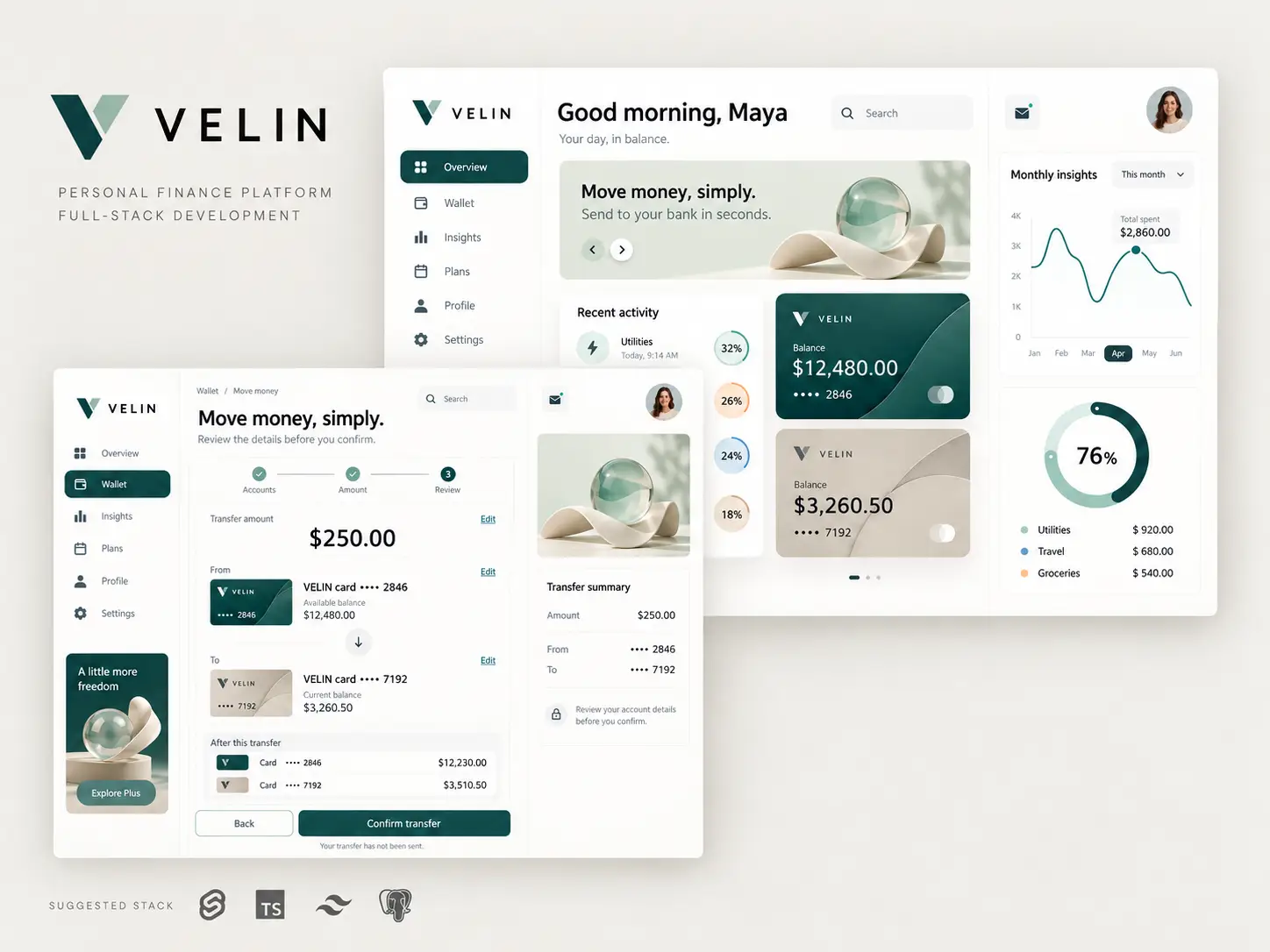 VELIN personal finance platform — balance and spending dashboard with transfer review showcase
